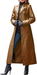 Women Casual Lapel Long Suit Trench Coat Slim Leather Windbreaker Lambskin Outerwear Faux Jacket 2025