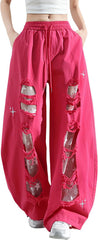 Y2K Baggy Pants for Women - Gothic Harajuku Streetwear High Waisted Wide Leg Punk Lace Patchwork with Broken Holes
