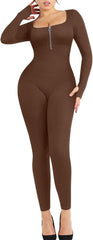 Women’s Long Sleeve Seamless Jumpsuit Ribbed Zip-Front Bodycon Romper One Piece Yoga Outfit