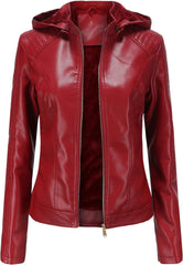 Women's Winter Warm Sherpa Lined Faux Leather Cropped Coat with Detachable Sherpa Hood
