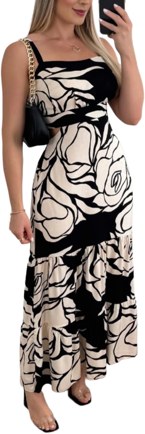 CHICME Summer Dresses for Women 2025 Sleeveless Casual Boho Maxi Dress Square Neck Cut Out Floral A Line Dress