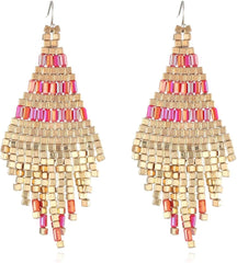 Fashion Bohemian Ethnic Style Metallic Luster Hand Woven Geometric Rice Bead Earrings Vintage Long Tassels High-end Personality Exotic Jewelry