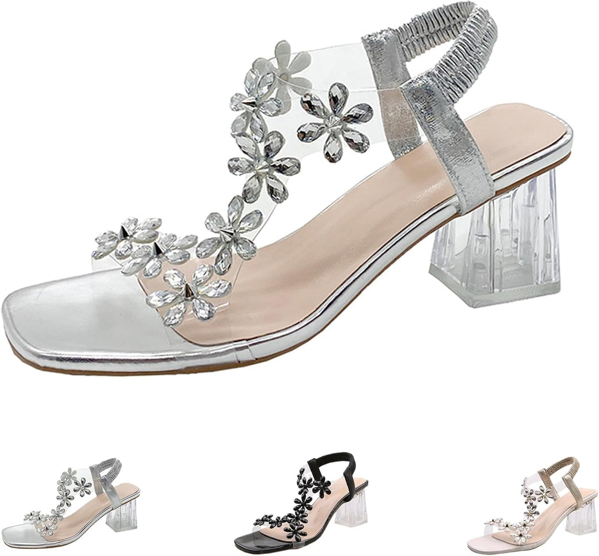 New Women Rhinestone Flower Clear Block Heel Sandals,Elastic Ankle Strap Chunky Square Open Toe Heeled Sandals Party Wedding,Open Toe Sexy Elegant Dress Shoes