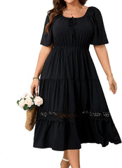 RWJ Women's Plus Size Maxi Dress Short Sleeve Square Neck Flowy A-Line Lace Trim Flutter Party Casual Off Shoulder Dresses