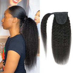 Adette Human Hair Kinky Straight Ponytails Drawstring Extension 14 Inch Kinky Straight Hair Clip in Pony Tail for Black Women