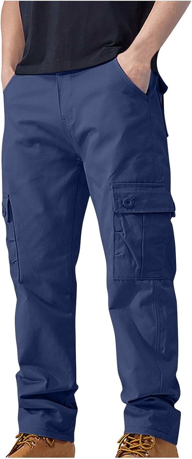 Men's Outdoor Casual Loose Multi Pocket Straight Leg Cargo Pants Fashion Solid Military Athletic Work Trousers