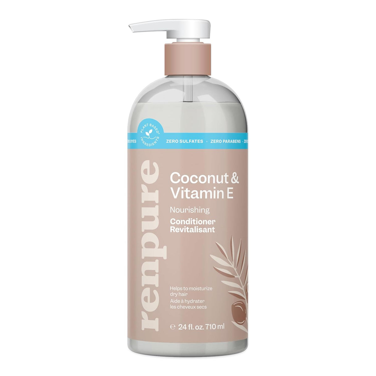 Renpure Plant Based Coconut and Vitamin E Moisturize and Replenish Conditioner - Ideal for Dry, Lifeless Hair - Leaves Hair Silky and Smooth - Paraben Free - Recyclable, Pump Bottle Design - 24 fl oz