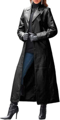 Women Casual Lapel Long Suit Trench Coat Slim Leather Windbreaker Lambskin Outerwear Faux Jacket 2025