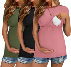 Ekouaer Womens Nursing Tops 3 Pack Short Sleeve Ribbed Breastfeeding Shirts Double Layer Maternity Shirt Pregnancy Clothes