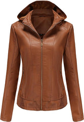 Women's Faux Leather Jacket Women Motorcycle Coat for Biker PU Lambskin Leather Jacket Womens with Removable Hood