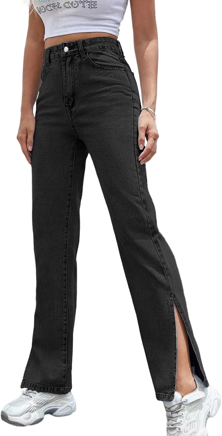 Straight Leg Jeans for Women Split Hem Classic Relax Fit High Waisted Stretchy Bootcut Jeans Denim Pants with Pockets