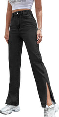 Straight Leg Jeans for Women Split Hem Classic Relax Fit High Waisted Stretchy Bootcut Jeans Denim Pants with Pockets