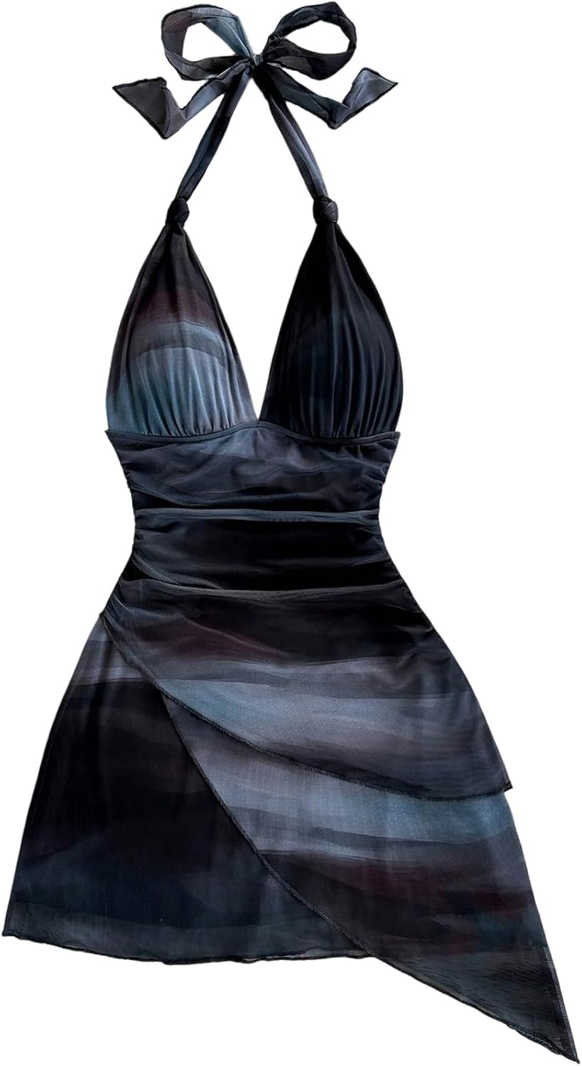 SOLY HUX Women's Sexy Tie Dye Print Halter V Neck Mini Dress Retro Backless Fitted Bodycon Dresses