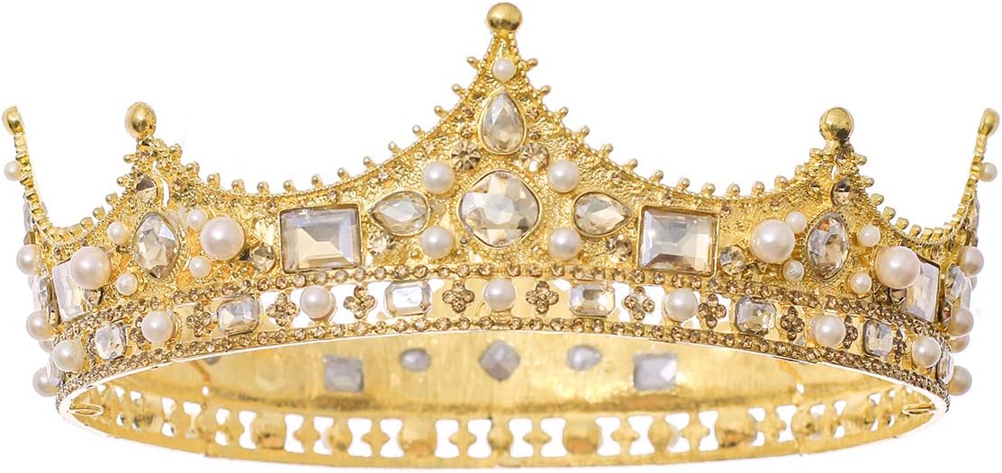 FORSEVEN King Crown for Men Crystal Pearl Wedding Tiaras Birthday Party Round Crowns