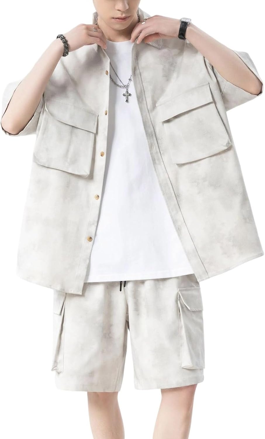 Men's Button Down Short Sleeve Shirt And Cargo Short Summer Retro Casual 2 Piece Outfits Sets