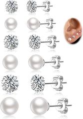 LOUMILEO 6 Pairs Pearl Earrings Set Hypoallergenic Small Sterling Silver Stud Earrings for Women Man 3-10MM Tiny Cartilage Piercing Pearl Studs for Multiple Piercing