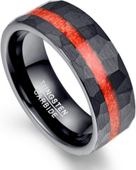 NUNCAD 8mm Tungsten Rings for Men Black Hammered Wedding Bands Red Opal Inlaid Tungsten Ring Polished Edge Comfort Fit Men Women Size 7-12