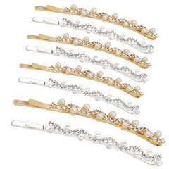 WHITEBRIDGE 12pcs Vintage Pearl Hair Bobby Pins Metallic Flower Barrettes Combination Hair Clips for Women Girls, Shiny Crystal Diamand Bobby Pins