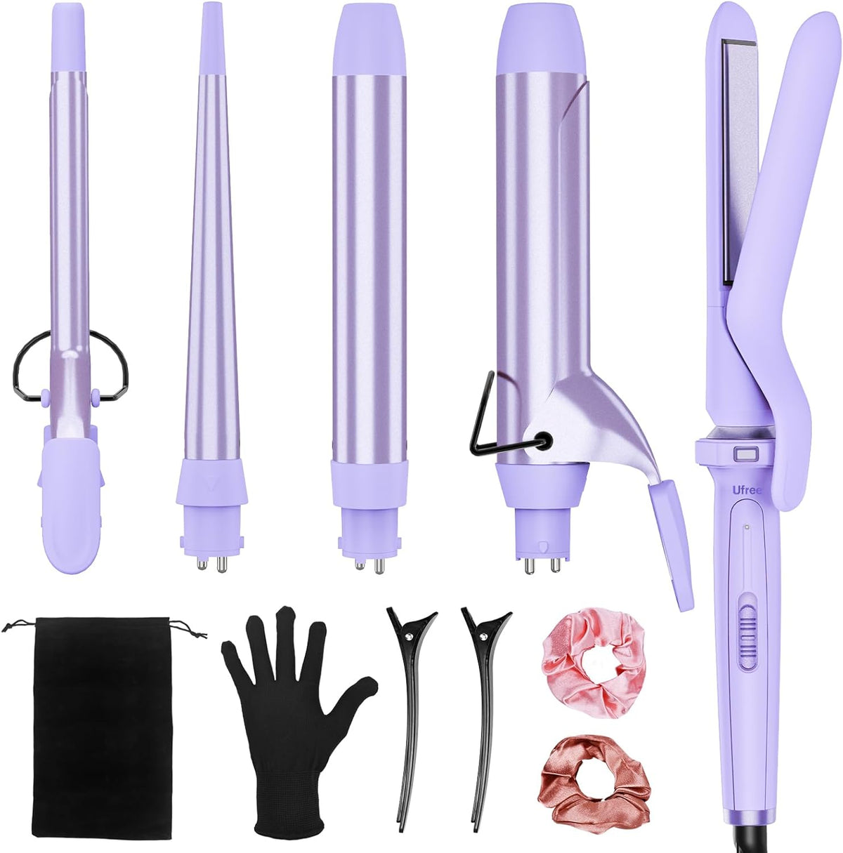 Ufree 5 in 1 Curling Iron with Interchangeable Ceramic Barrels (0.35"-1.25"), Curling Wand Set with Flat Iron Hair Straightener, Instant Heat Up, Dual Voltage Hair Curler, Gifts for Women
