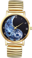JewelryWe Men Women Couple Watch: His and Her Gold Pairs Watches Roman Numerals Tai Chi Yin-Yang Design Quartz Analog Elastic Band Wristwatch