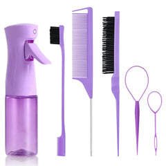 6pcs Hair Styling Comb Set with Continuous Spray Bottle 200ml, Hair Brush Rat Tail Comb Edge Control Hair Brush for Back Brushing, Combing, Braiding, Slicking Hair for Women(pink)