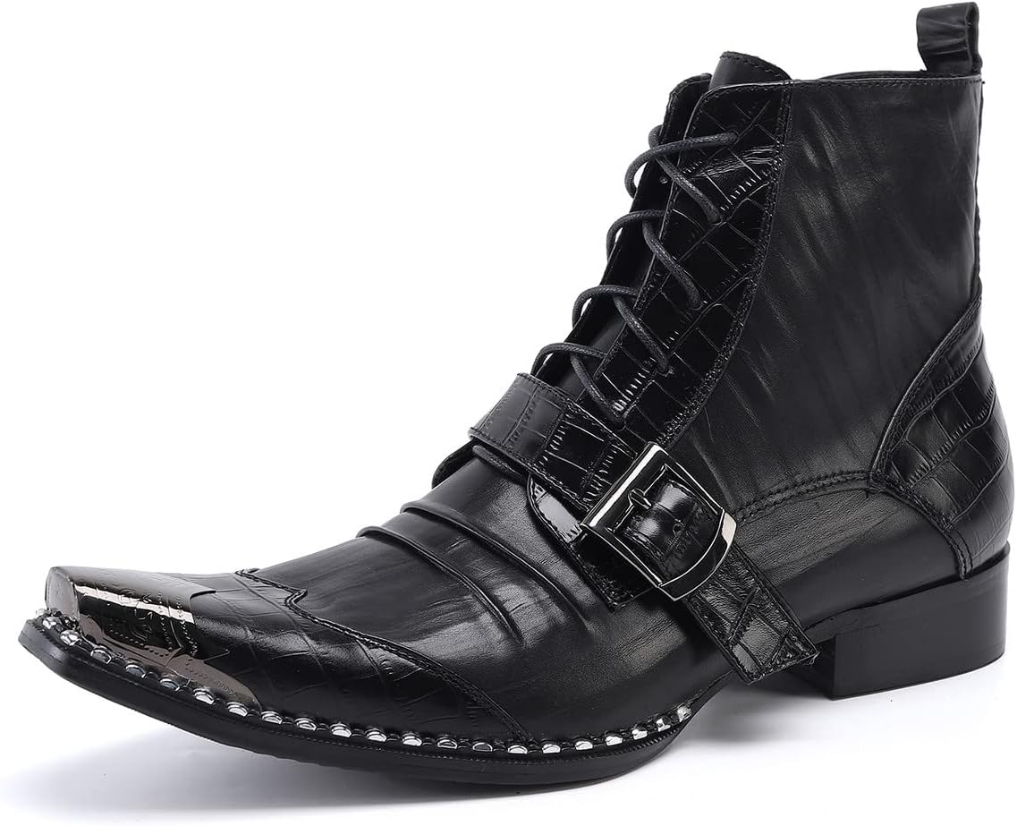 Santimon Men's Fashion Ankle Boots Metal Square-Toe Leather Lace-Up Zipper Monk Strap Chelsea Comfort Casual Dress Shoes