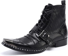 Santimon Men's Fashion Ankle Boots Metal Square-Toe Leather Lace-Up Zipper Monk Strap Chelsea Comfort Casual Dress Shoes