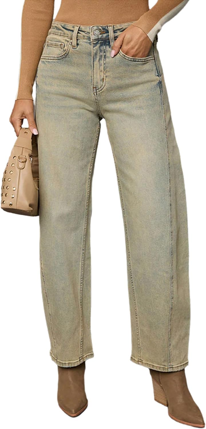 cffvdiz Women's Vintage Barrel Jeans Mid Waist Casual Distressed Straight Ankle Denim Pants Trousers