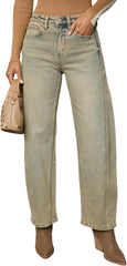 cffvdiz Women's Vintage Barrel Jeans Mid Waist Casual Distressed Straight Ankle Denim Pants Trousers