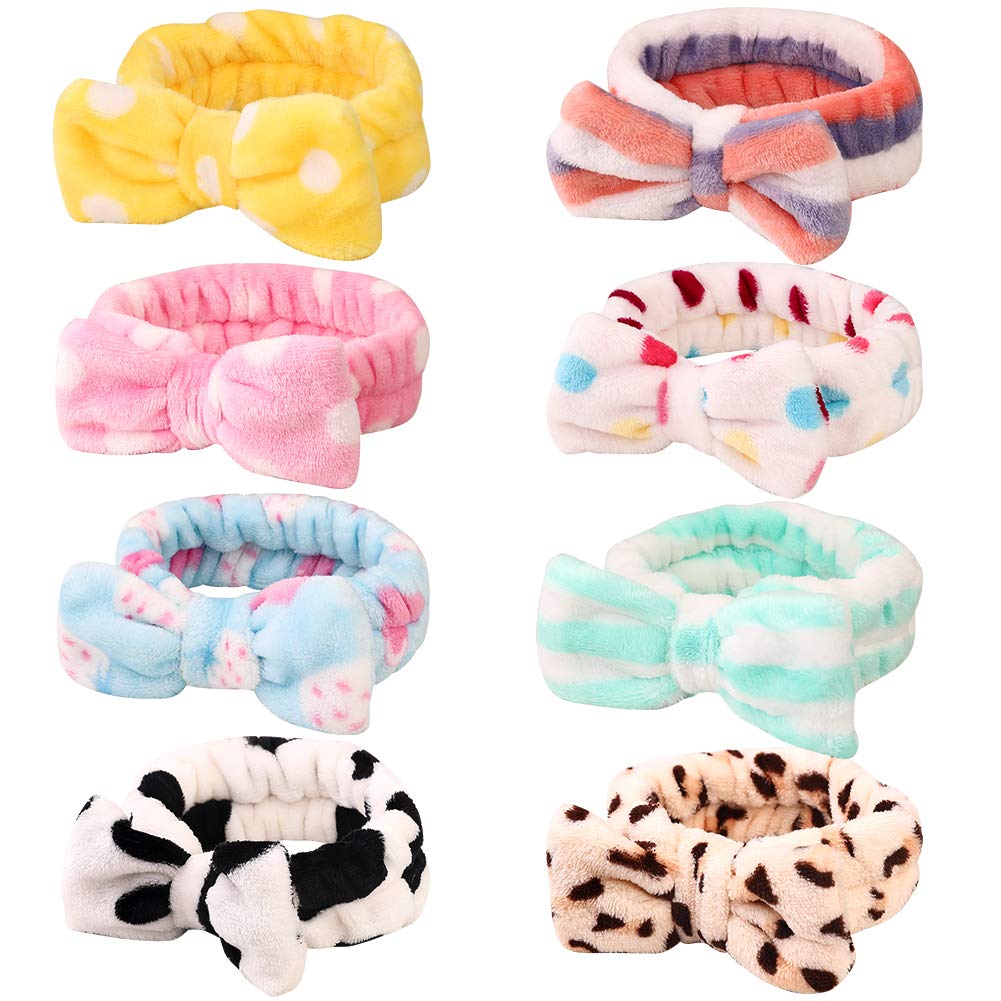 8 Pack Spa Headband, Coral Fleece Makeup Cosmetic Headband for Washing Face, Bow Headbands for Shower Terry Cloth Headbands for Women Facial Hair Band