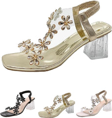 New Women Rhinestone Flower Clear Block Heel Sandals,Elastic Ankle Strap Chunky Square Open Toe Heeled Sandals Party Wedding,Open Toe Sexy Elegant Dress Shoes