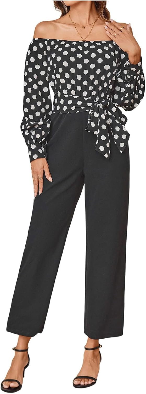 WDIRARA Women's Polka Dots Off Shoulder Bishop Long Sleeve Belted Jumpsuit