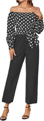 WDIRARA Women's Polka Dots Off Shoulder Bishop Long Sleeve Belted Jumpsuit