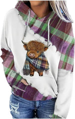 Women's Plaid Highland Cow Casual Hooded Sweatshirt Western Vintage Hoodie Highland Cow Shirt Plus Size