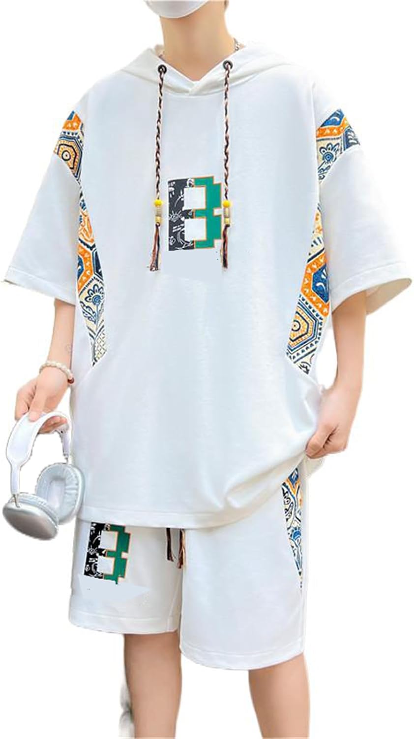 Men's Summer 2-Piece Set: Hooded Letter Color Blocking T-Shirt + Shorts