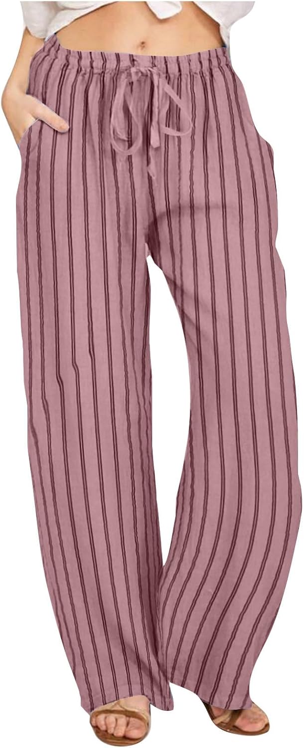 Women Wide Leg Pants High Waisted Trousers Striped Linen Palazzo Lounge Beach Cover Ups Flowy Long Pant with Pockets