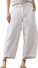 Huaqiao Womens Linen Palazzo Pants Elastic Waist Button Down Casual Wide Leg Trousers with Pockets