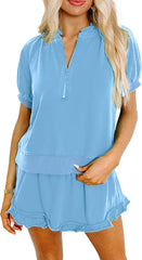 KevaMolly Women's 2 Piece Lounge Sets Casual Short Sleeve Outfits Half Zip Puff Sleeve Top and Ruffled Shorts Set