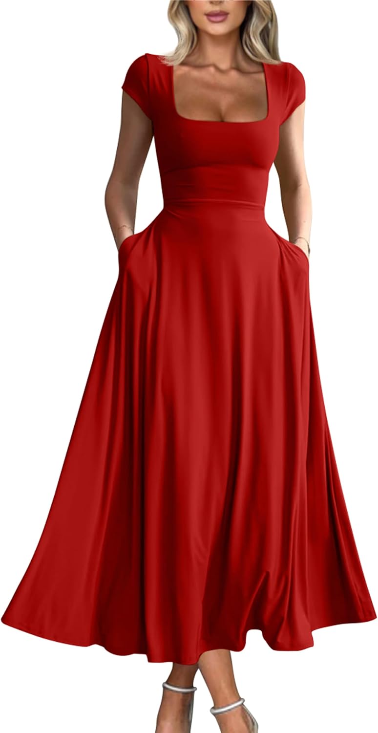 YMDUCH Women's Casual Short Sleeve Square Neck Solid Slim Flowy Maxi Dress with Pockets
