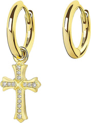 KRKC&CO Cross Earrings for Men, Gift for Him, Sterling Silver Dangle Earrings, Hypoallergenic 15mm Round Hoop Hinged Hanging for Women, Fathers Day