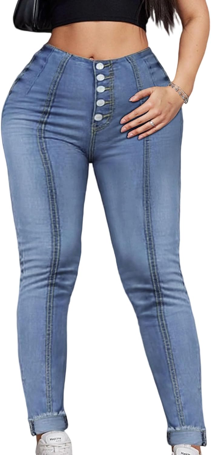 Plus Size High Waist Skinny Jeans Women's Stretchy Denim Button Front, Light Blue, Curvy Fit