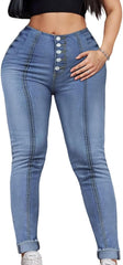 Plus Size High Waist Skinny Jeans Women's Stretchy Denim Button Front, Light Blue, Curvy Fit