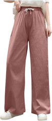Womens Pants Drawstring Elastic Waist Casual Solid Color Trendy Long Straight Trousers with Pockets