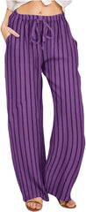 Women Wide Leg Pants High Waisted Trousers Striped Linen Palazzo Lounge Beach Cover Ups Flowy Long Pant with Pockets