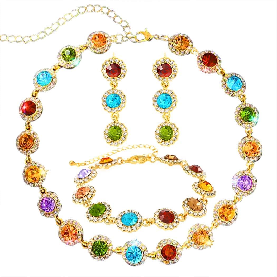 ACEDRE Colorful Crystal Jewelry Sets Gold Sparkly Rhinestone Necklace and Earrings Set Prom Costume Accessory for Women