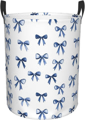 Blue Ribbon Bow Laundry Basket Waterproof Freestanding Laundry Hamper With Handles Foldable Clothes Organizer For Bathroom, Bedroom And Dorm Medium