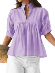 Cicy Bell Womens Puff Sleeve V Neck Blouse Babydoll Peplum Tops Dressy Casual Pleated Loose Fit Shirts