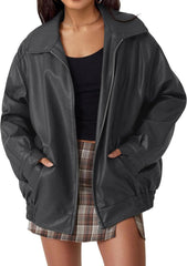 Faux Leather Jacket for Women Oversized Lapel Long Sleeve Jackets Zip Up Bomber Coats Fashion Motorcycle Coats