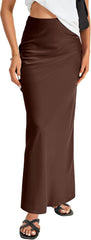 Vrtige Women's Elegant Satin Silky High Waist Zipper Flowy A Line Maxi Long Skirt