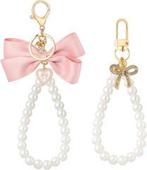 2Pcs Cute Bow Keychain for Women,Purse Charms Bow Bag Charms for Handbag, Pearl Keychain Accessories for Car